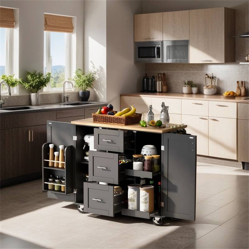 Rolling Kitchen Island with Storage,Kitchen Cart with Rubber Wood Top