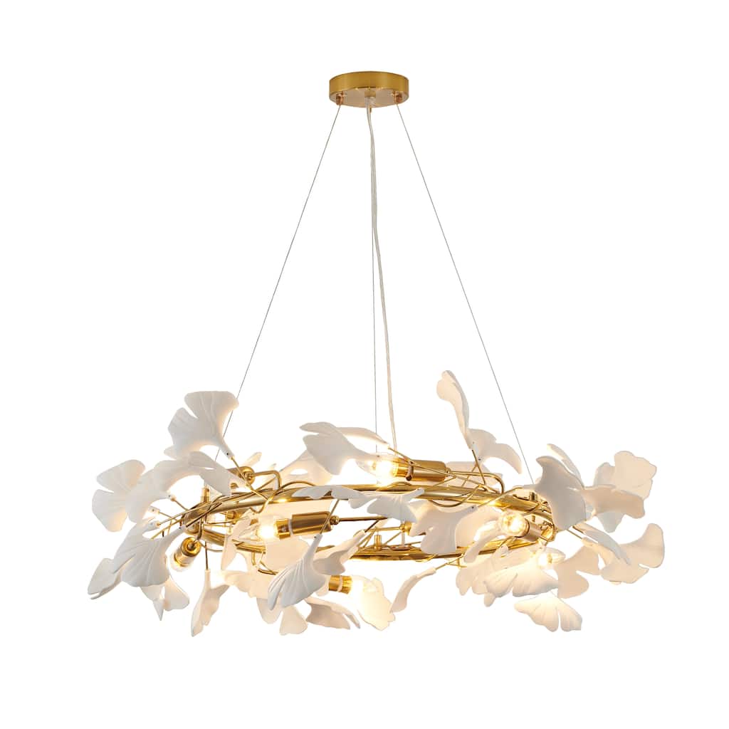 10 Light Round Brass Frame Chandelier with White Acrylic Leaf Accents
