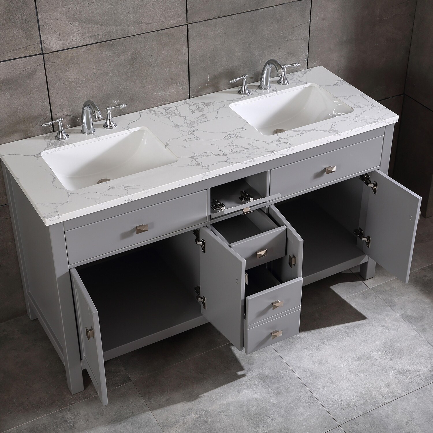 Totti Memphis 60 Gray Transitional Double Sink Bathroom Vanity W White Carrara Style Man Made Stone Top Overstock 32352438