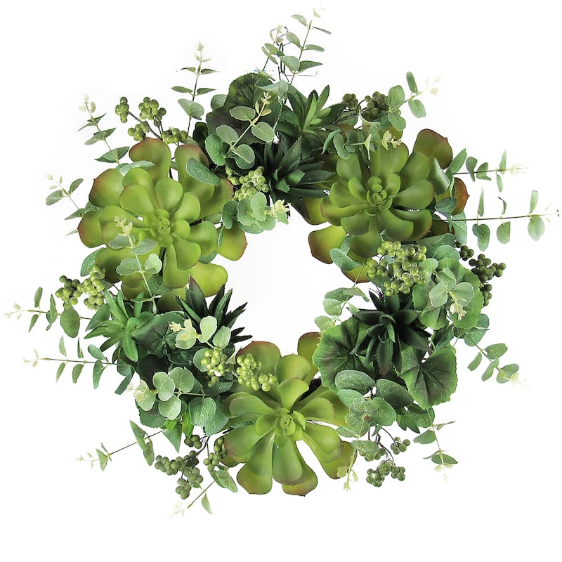 Large Artificial Mixed Eucalyptus Succulent Greenery Wreath with Berries 18in