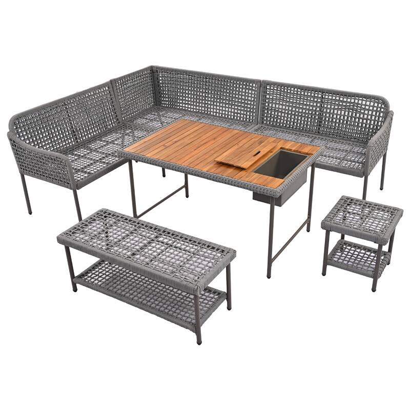 L-shape Outdoor Sectional Sofa Set 6-Piece Rope Patio Furniture Couch with Storage Coffee Table, Stools and Bench