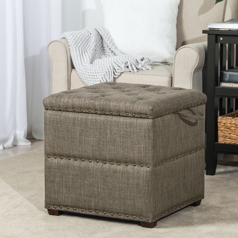 Adeco Fabric Square Ottoman with Tray