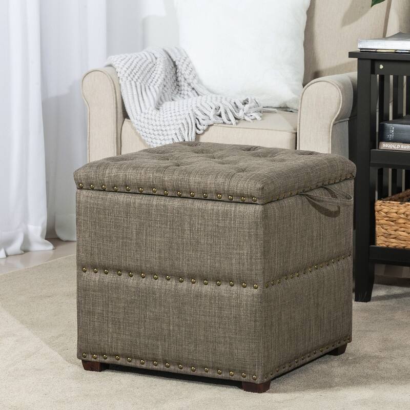 Adeco Fabric Square Storage Ottoman with Tray