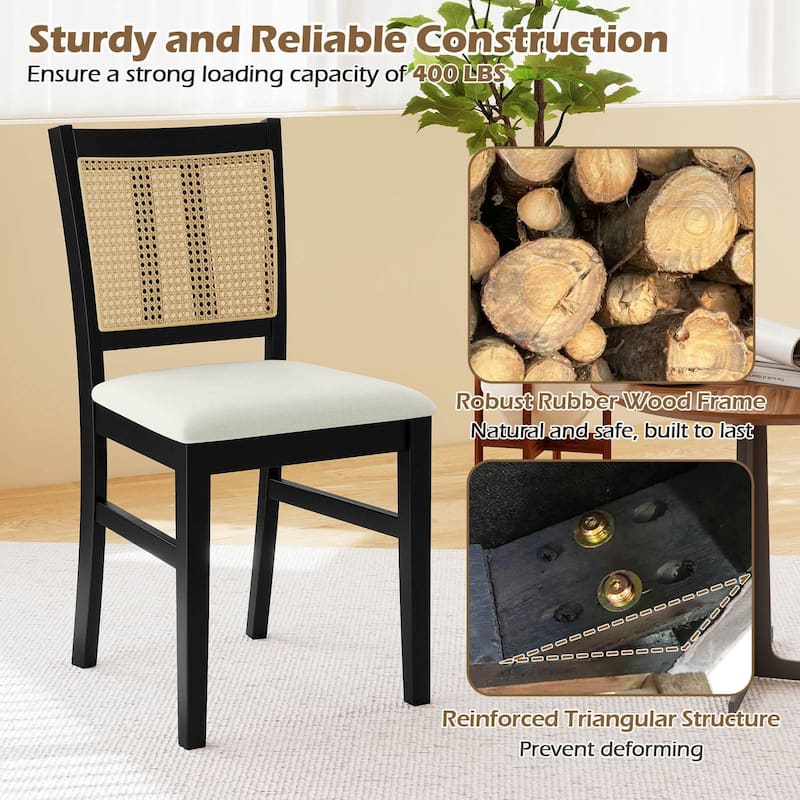 Costway Farmhouse Rattan Dining Chair Set of 2/4 Fabric Upholstered