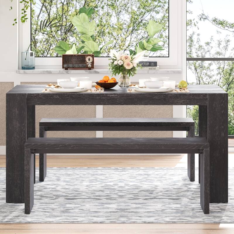 3-piece Farmhouse Style Simple Dining Set, Dining Table and 2 Benches, for Dining Room, Kitchen and Living Room