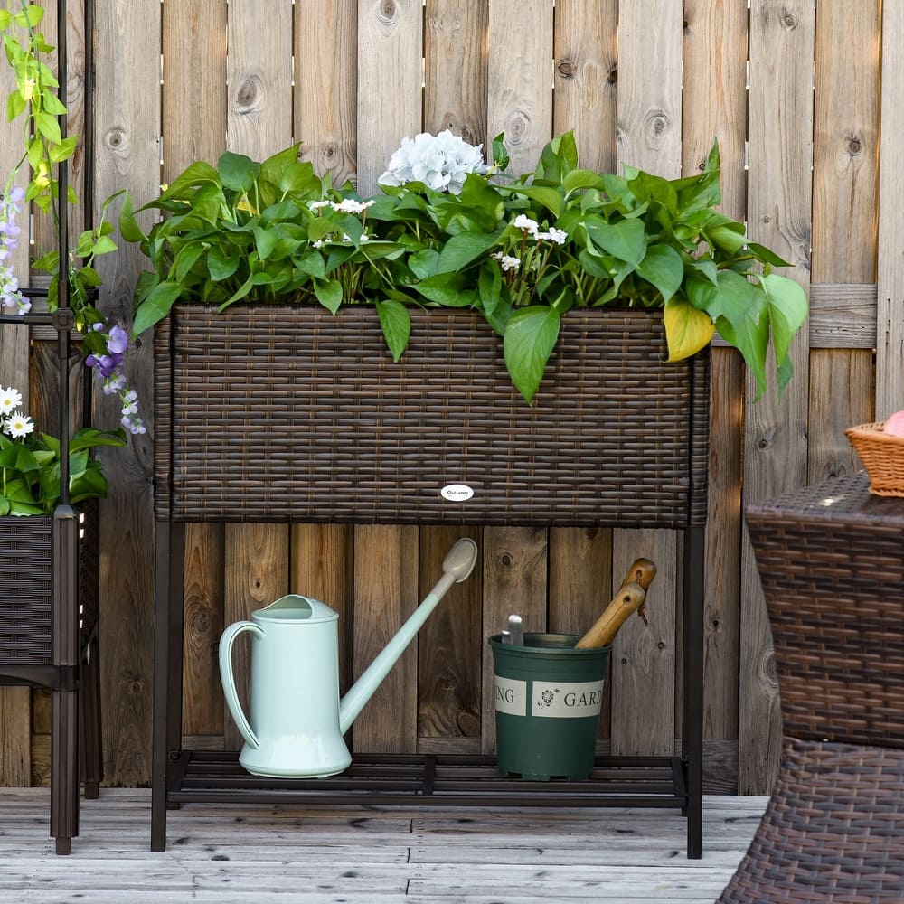 Raised Garden Bed, Elevated Planter Box with Rattan Wicker Look, Tool Storage Shelf, Portable Design for Herbs, Vegetables