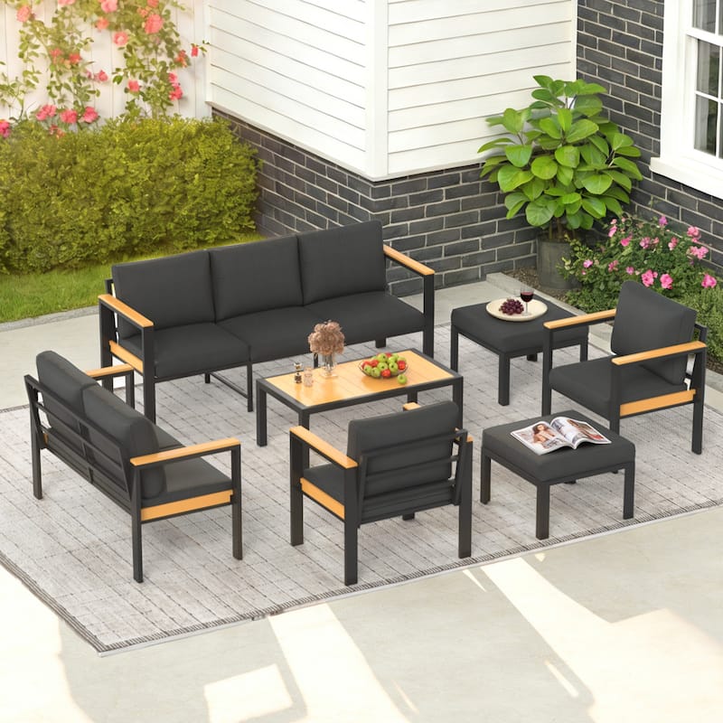 4/5/7-Piece Patio Conversation Set with Table, All-Weather Aluminum Furniture for Outdoor Living - Gray/Black - Set 7