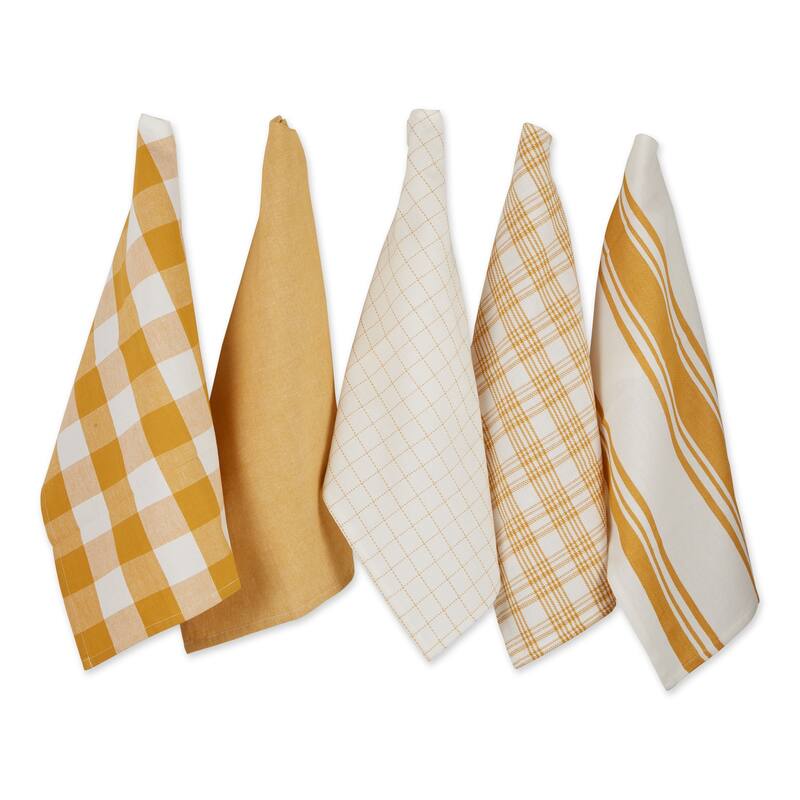 Assorted Farmhouse Cotton Dish Towels - 28" - Honey Gold and White - Set of 5