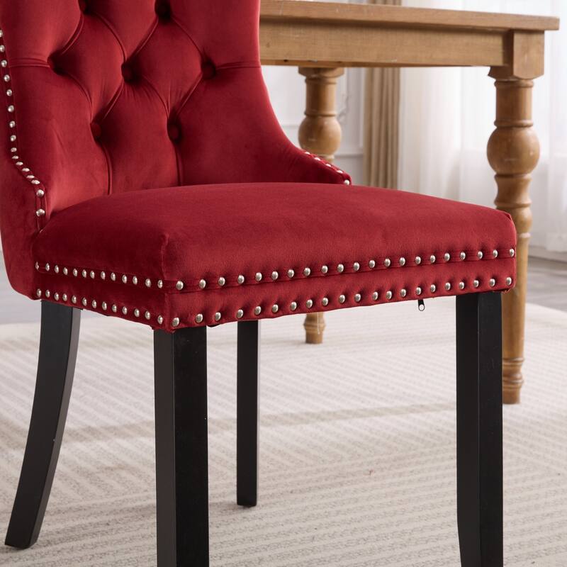 Set of 2 Tufted Dining Chair with Wood Legs, Riveted Trim