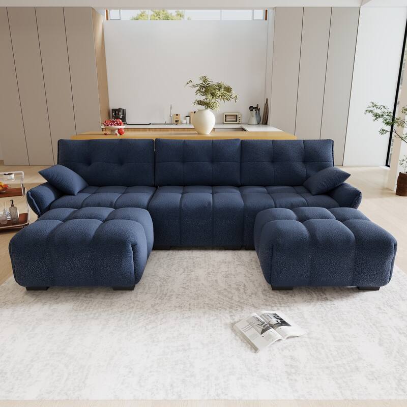 110.2" Chenille U-Shaped Sofa 5 Seater Upholstered Couch with 2 Ottomans for Living Room - Blue