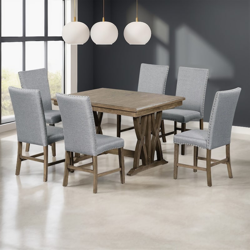 Mid-Century Solid Wood 7-Piece Extendable Dining Set with Upholstered Chairs and 12" Leaf, Stylish Kitchen & Dining Table for 6