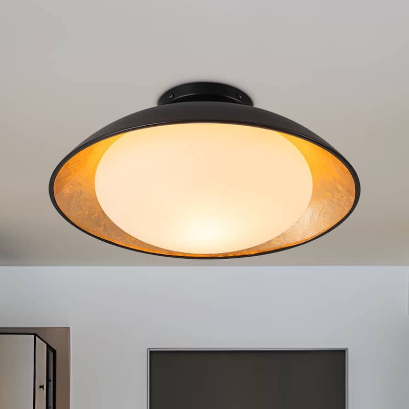 Starsky 1-light 15in. Bowl Ceiling Light Frosted Glass Shade Semi Flush Mount - Black - Black