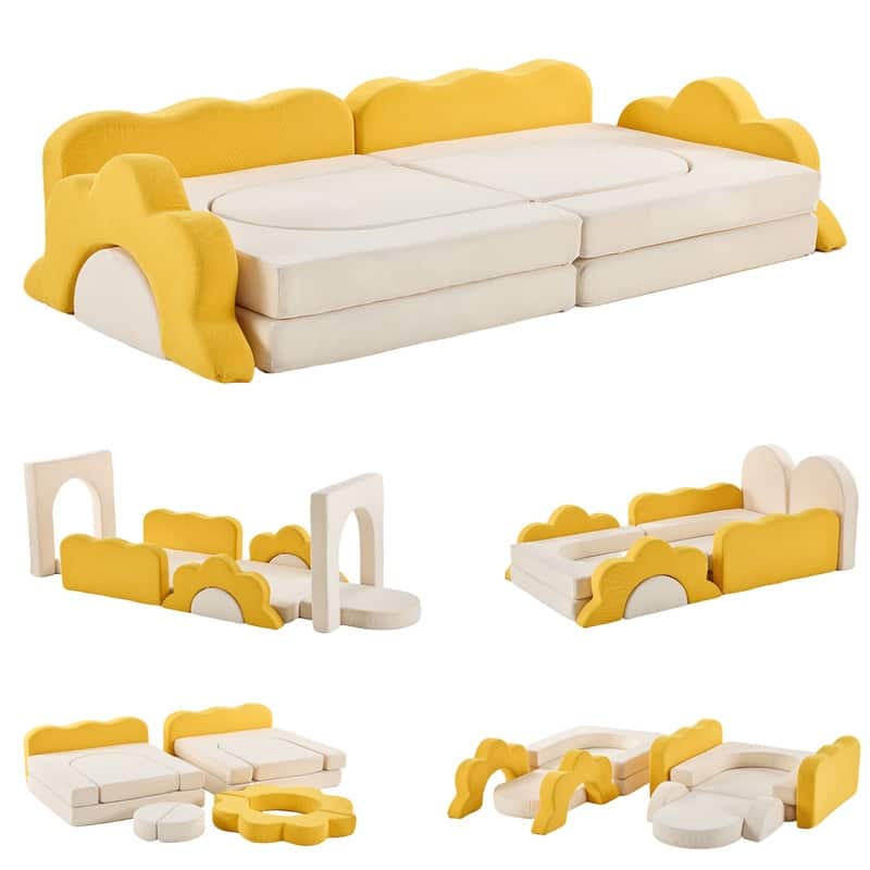 12PCS Fold Out Kids Couch Modular Kids Couch For Playroom - Yellow