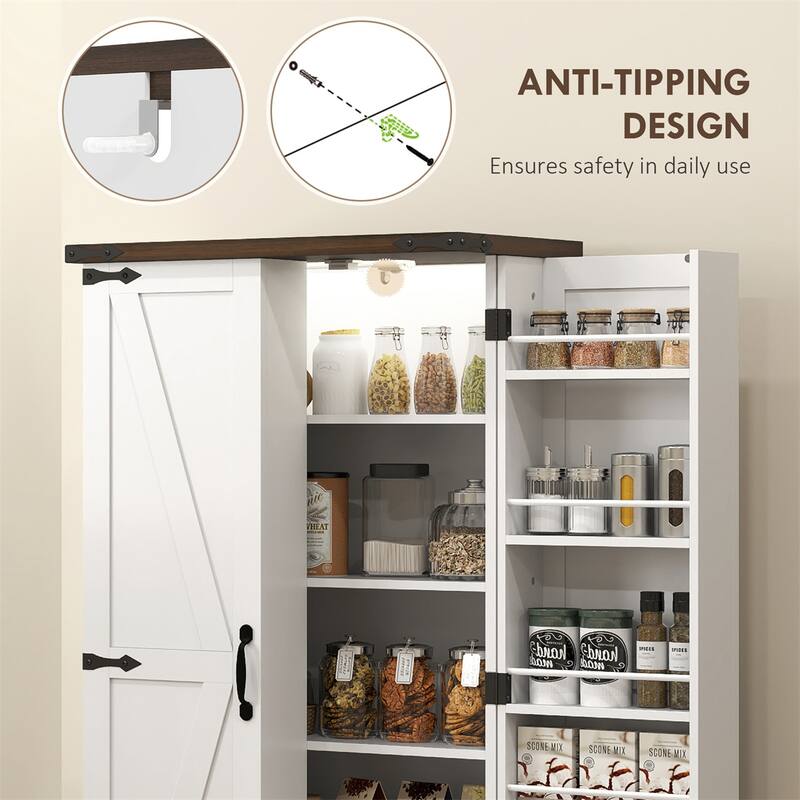 5-Tier White Kitchen Pantry Storage Cabinet with LED Sensor Light and Barn Door Design - 23.6" W x 15.7" D x 47.2" H