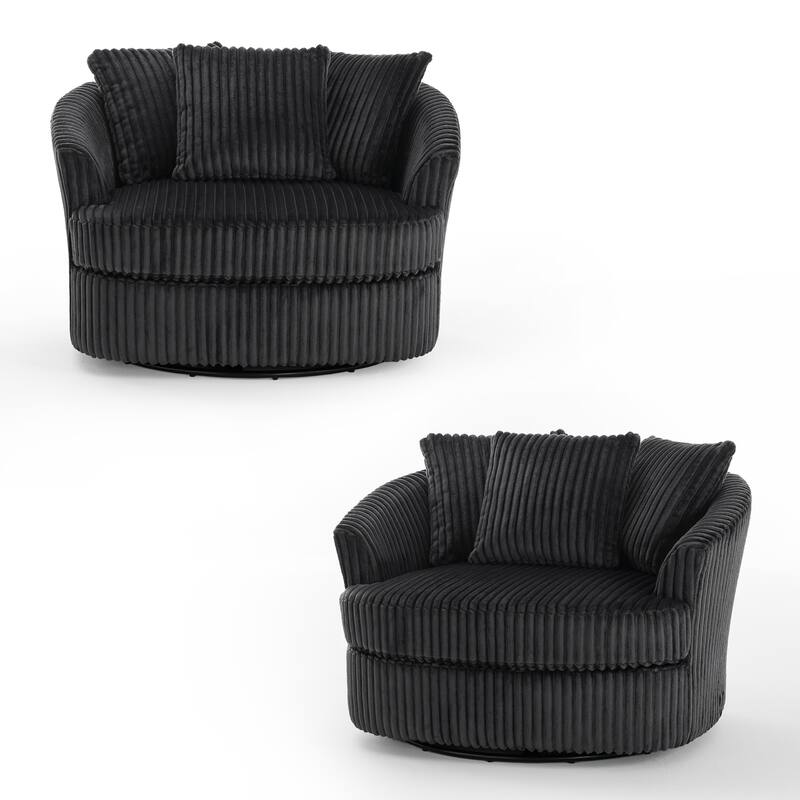 2 Set Oversized 43" W Plush Corduroy Swivel Barrel Chair with Pillows
