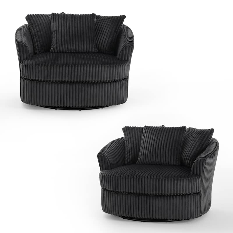 Oversized 43" W Plush Corduroy Slipcovered Swivel Barrel Chair with Pillows Set of 2