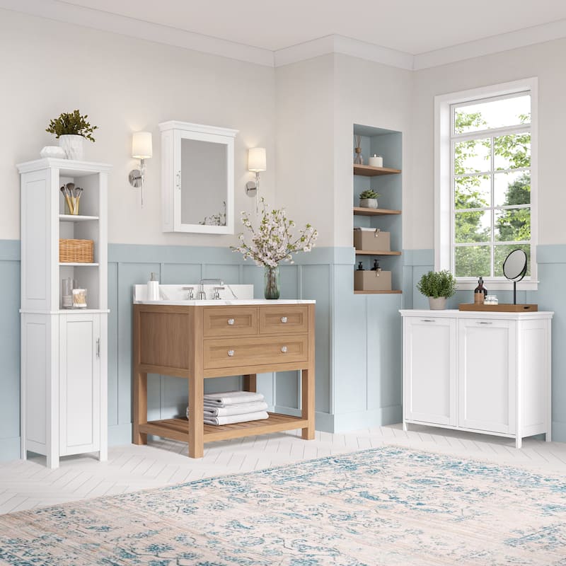 RiverRidge Somerset Single Door Tall Bathroom Cabinet Storage Organizer with an Open and Adjustable Shelves - White