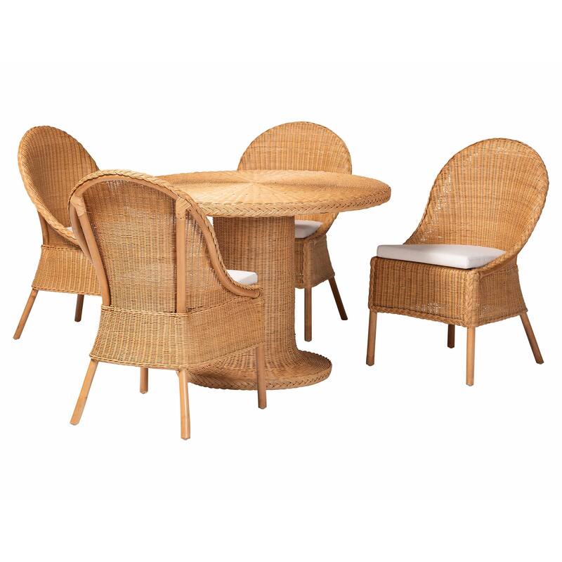 Willy 5-Piece Rattan Dining Set - Round Wicker Table with Pedestal Base and 4 Side Chairs, Handwoven Boho Coastal Style - Light Honey