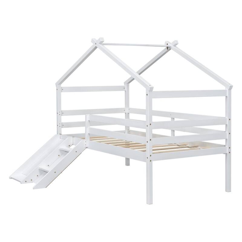 Twin Low Loft House Bed with Slide, Ladder, Safety Guardrails, House Roof Frame