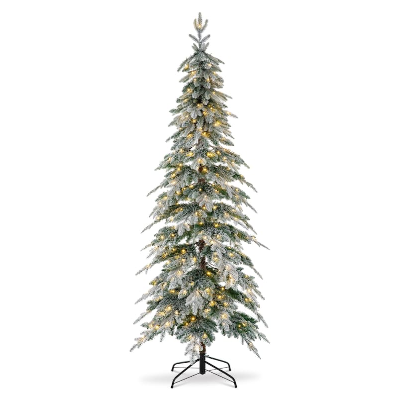 Glitzhome Pre-Lit Flocked Pencil Spruce Artificial Christmas Tree with Warm White Lights