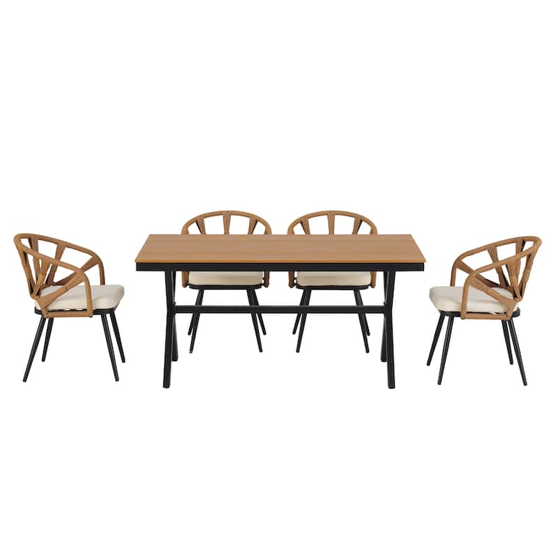 5-Piece Outdoor Patio Iron Dining Set with Rectangular Table and 4 Rope Art Cushioned Chairs