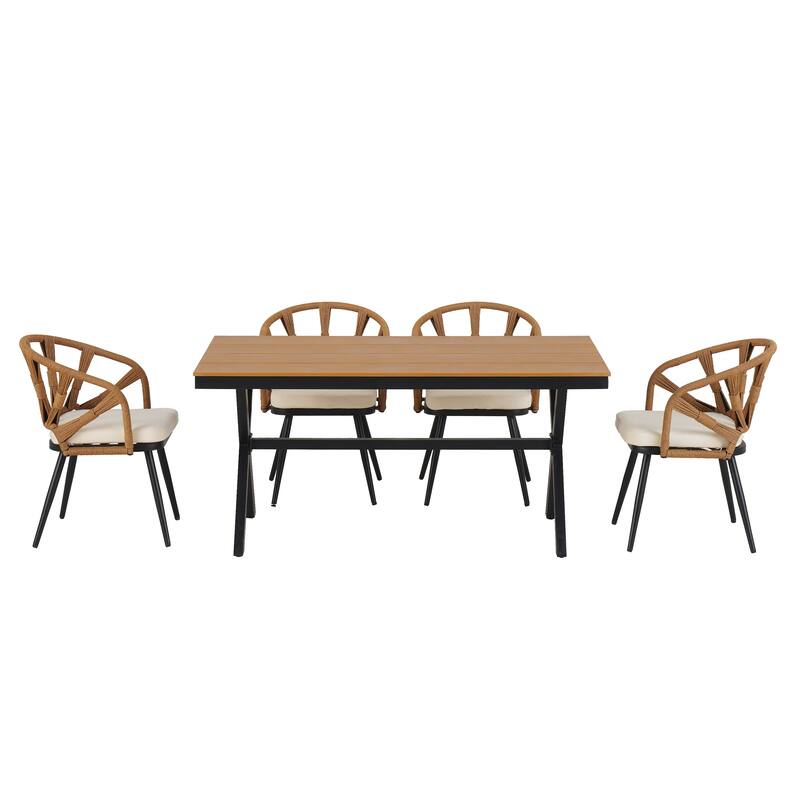 Modern Outdoor Furniture Set, 5 Piece Iron Patio Dining Table and Chair Set, Include 4 PE Rattan Chairs and Plastic Wood Table - Dark yellow