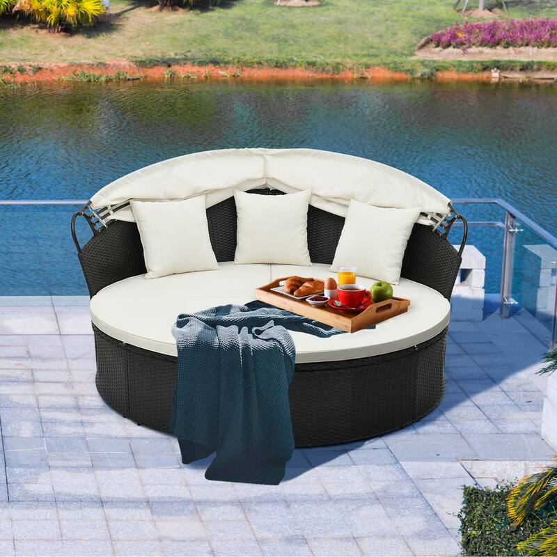 Costway Patio Round Daybed with Retractable Canopy Rattan Sectional - See Details