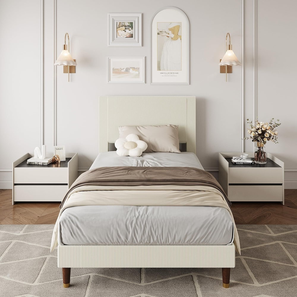 Upholstered Platform Bed Frame, Fabric Headboard and Wooden Slats