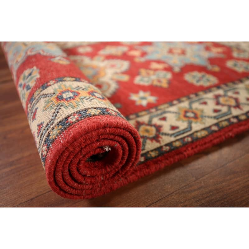 Geometric Red Kazak Oriental Runner Rug Handmade Wool Carpet - 2'2" x 5'7"