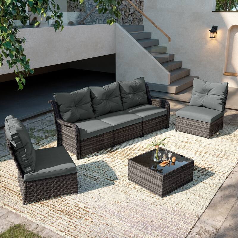 6-pieces Patio Wicker Outdoor Sectional Seating Sofa Set with Coffee Table