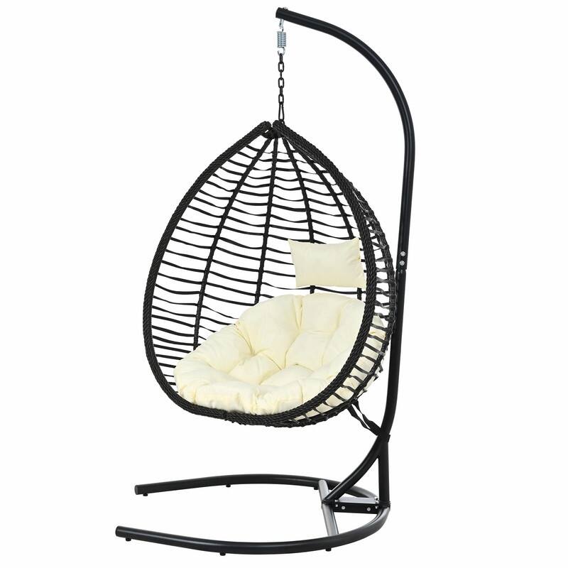 Indoor Outdoor Hanging Hammock Chair with Stand, Foldable Rattan Egg Swing Chair with Cushion & Headrest