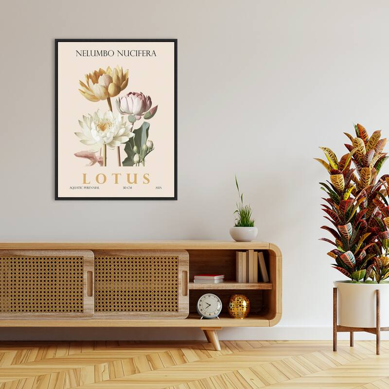 Vintage Botanical Lotus Illustration by Christopher Giampietro Framed Canvas Wall Art Print
