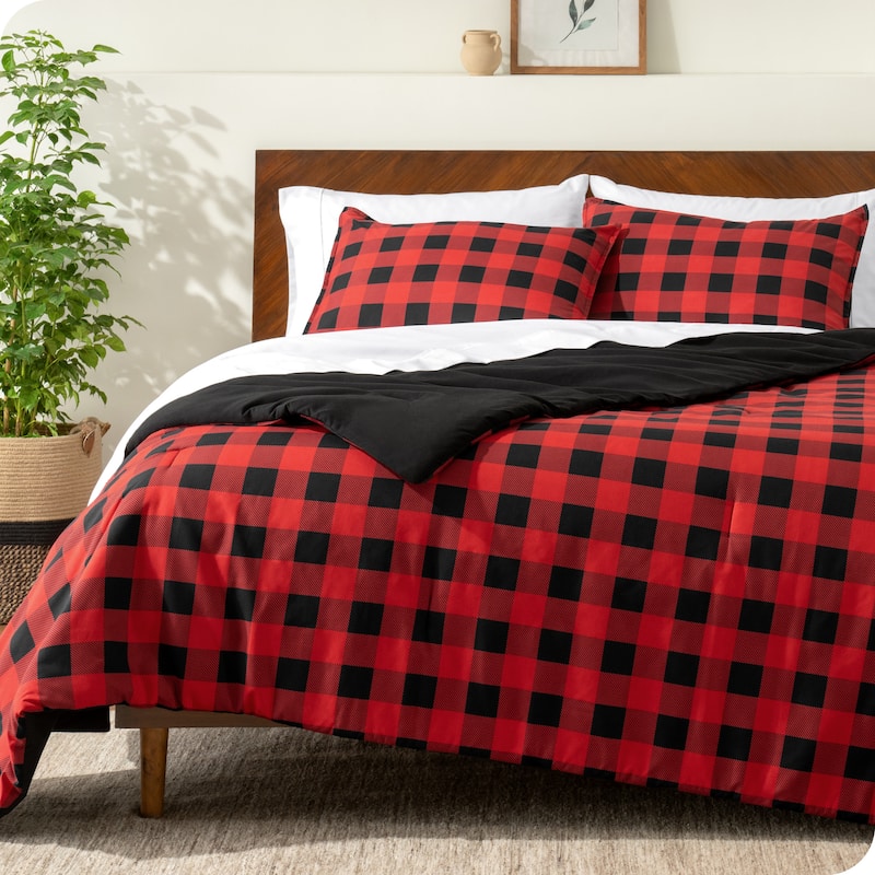 Bare Home Down Alternative Track Stitch Comforter Set - Twin - Twin XL - Buffalo Plaid - Red/Black