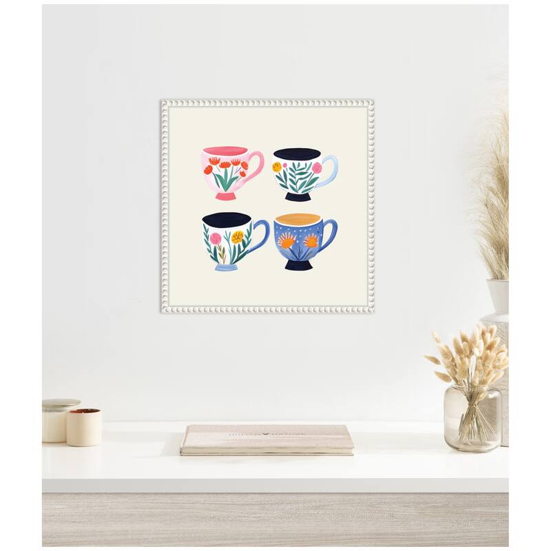 Kate and Laurel Sylvie Botanical Coffee Shop Tea Cups 4 Cups Framed Canvas by The Creative Bunch Studio
