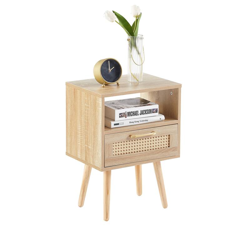 15.75" Boho Chic Rattan Storage End Table with Solid Wood Legs