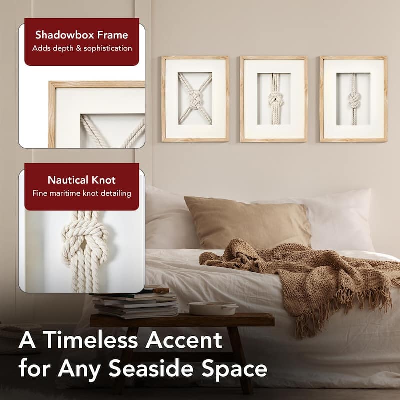 American Art Decor Naut Shore Framed Nautical Knots Wall Decor in Natural 3-piece set