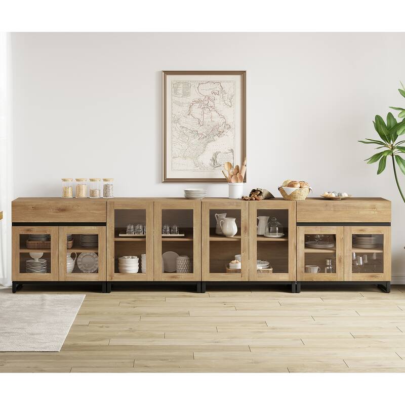 4 in 1 Multifunctional Sideboard Buffet with Glass Doors & 5 Drawers, Modern Credenza with Adjustable Shelf and Metal Base