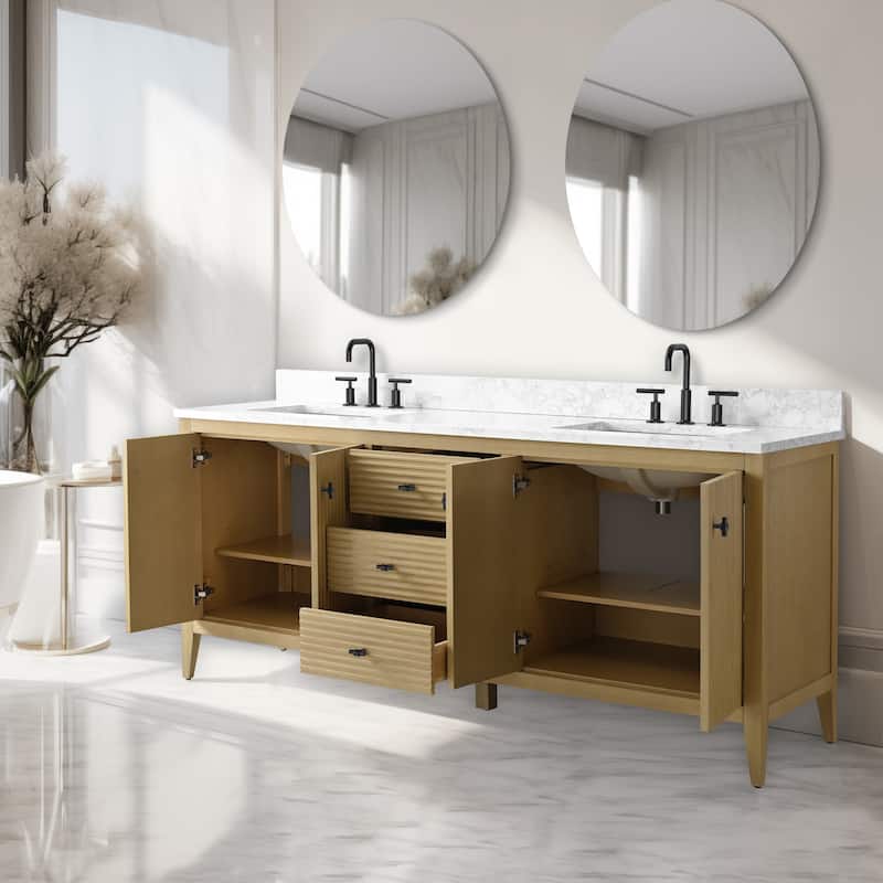 Vanity Art 72" Double Sink Bathroom Vanity Cabinet with Engineered Marble Top - 72"/Matte Black Handle - Linear Natural Oak