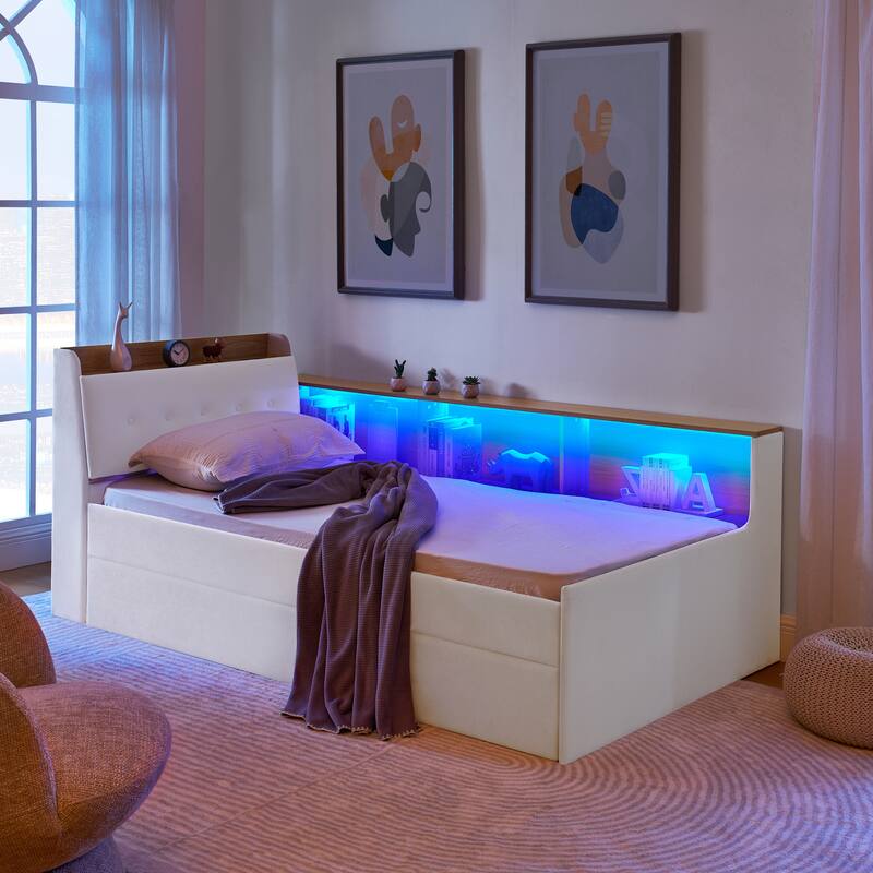 Twin Size Adjustable Velvet Daybed with Storage, Trundle, LED Lights, and Wireless Charging