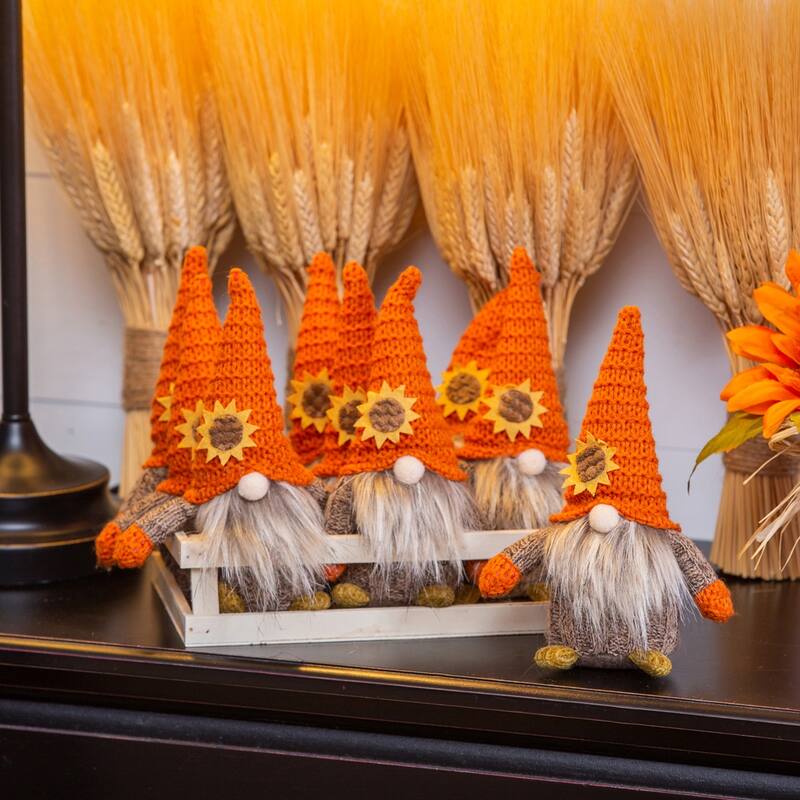 Fabric Fall Gnome with Knit Sunflower Hat Hanging Decor in 9 Piece Wood Tray