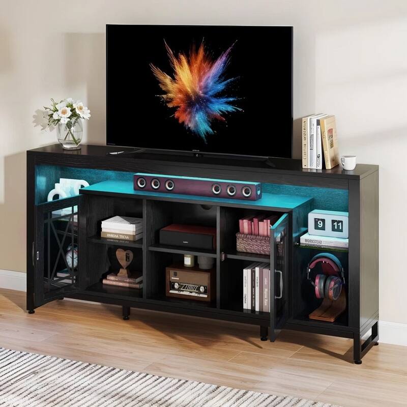 13.8" LED TV Stand for 75" TVs with Acrylic Doors Black - 65 inches in width