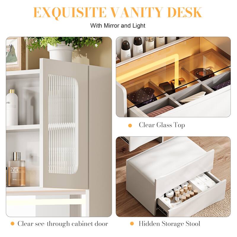 3-in-1 Makeup Vanity Desk with LED Mirror, Clear Glass Top Makeup Dressing Table with Storage Stool