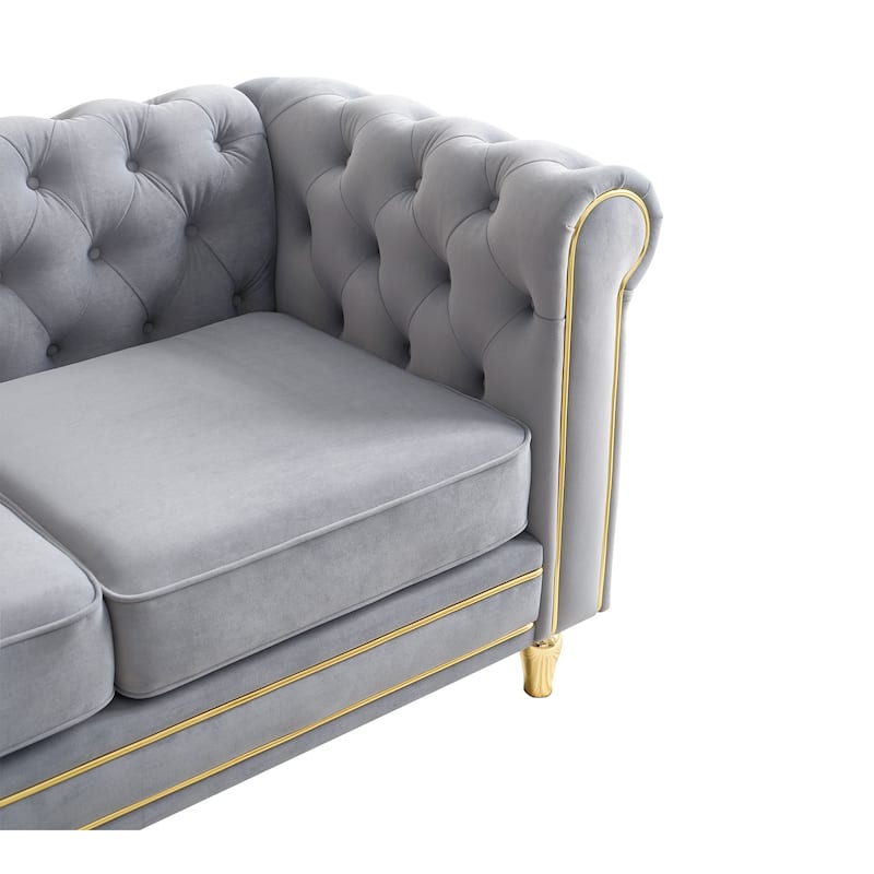 Chesterfield Velvet Sofa 84.65 Inch For Living Room Light Grey Color