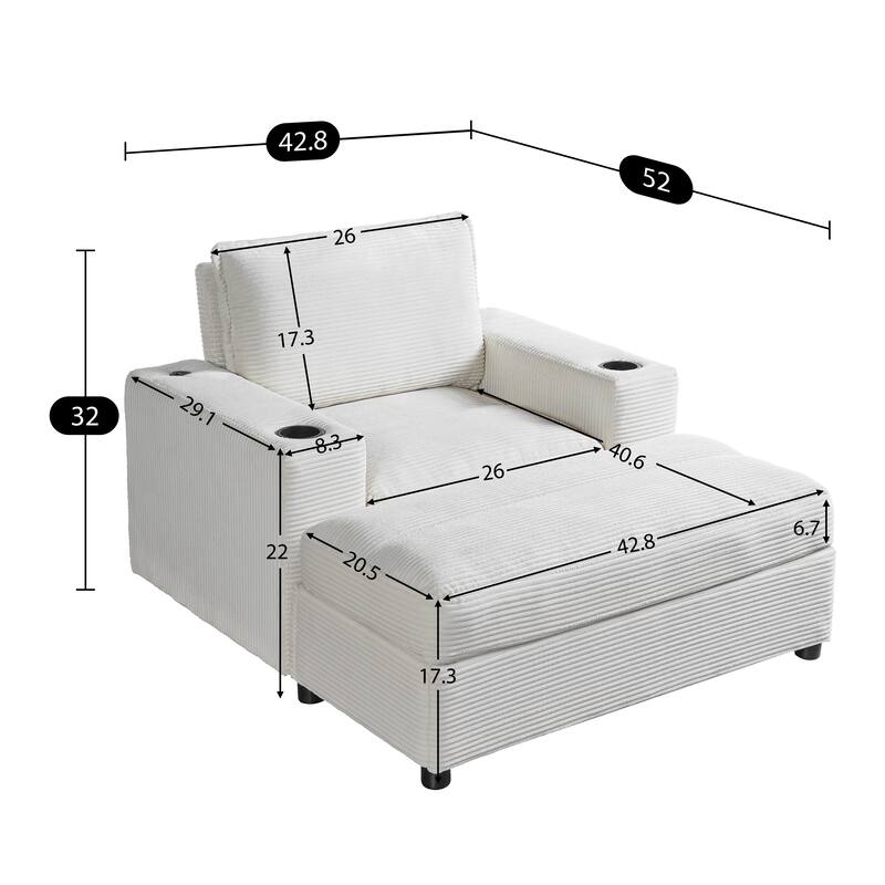 Roomfitters Oversized Chaise Lounge Chair with Storage Ottoman and Built-in USB Charging Port, Corduroy Sleeper Couch
