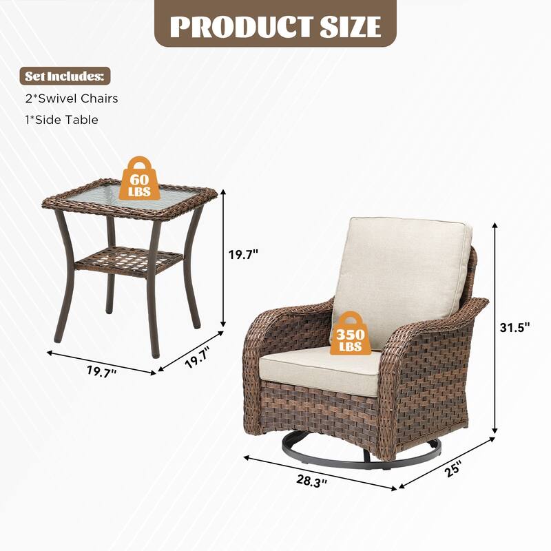 Cavira 3-Piece Brown Wicker Outdoor Patio Swivel Glider Chairs with Side Table