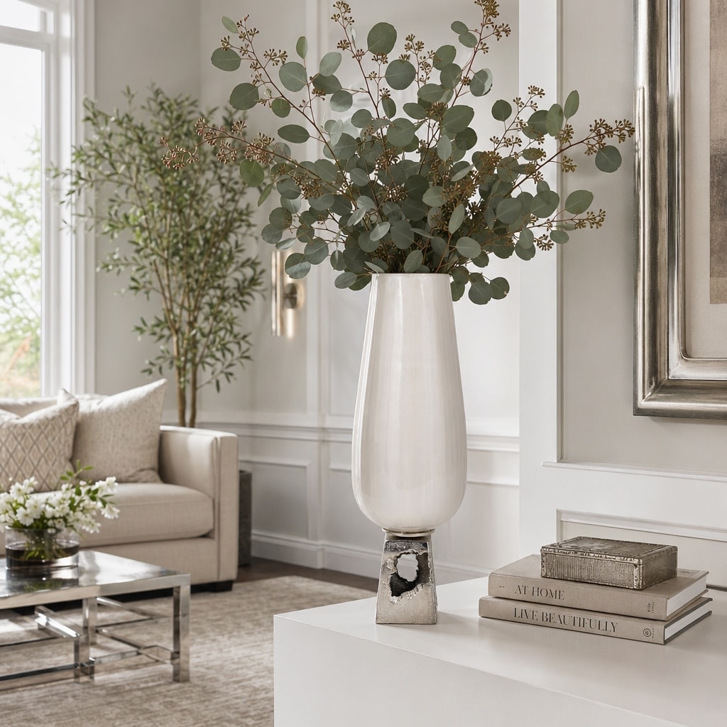 Decorative Vase - White Glass Tall with Metal Base