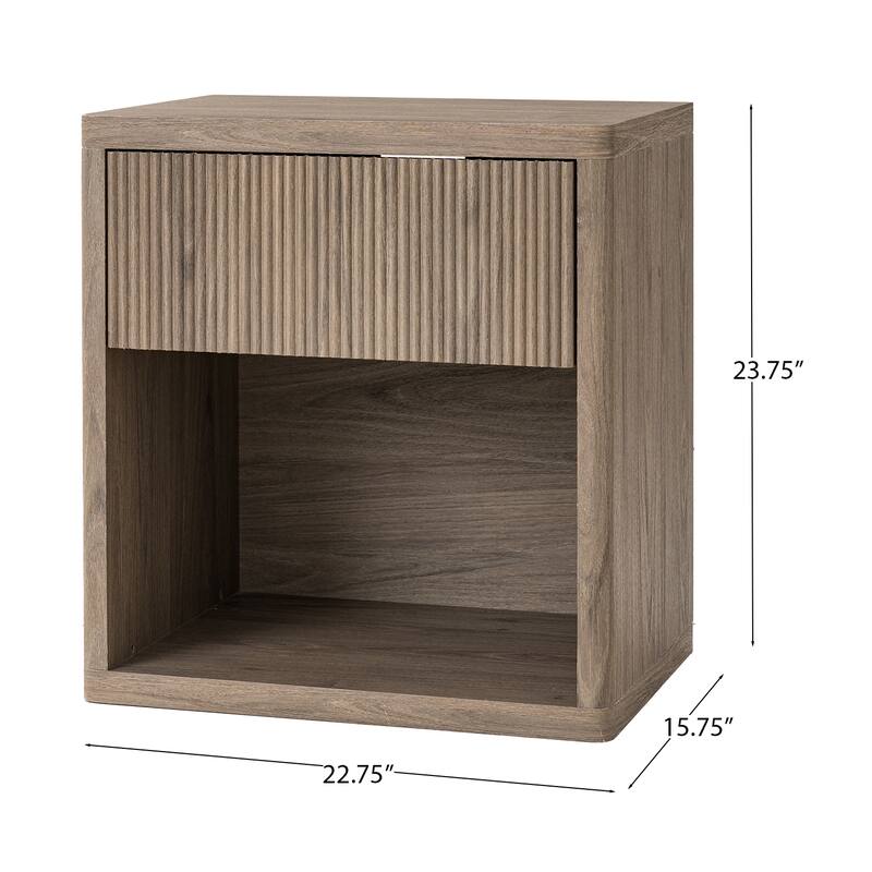 Fluted Bed Side Table End Table Nightstand with Drawer, Ash Brown Corner Table Lamp Table with Open Shelf