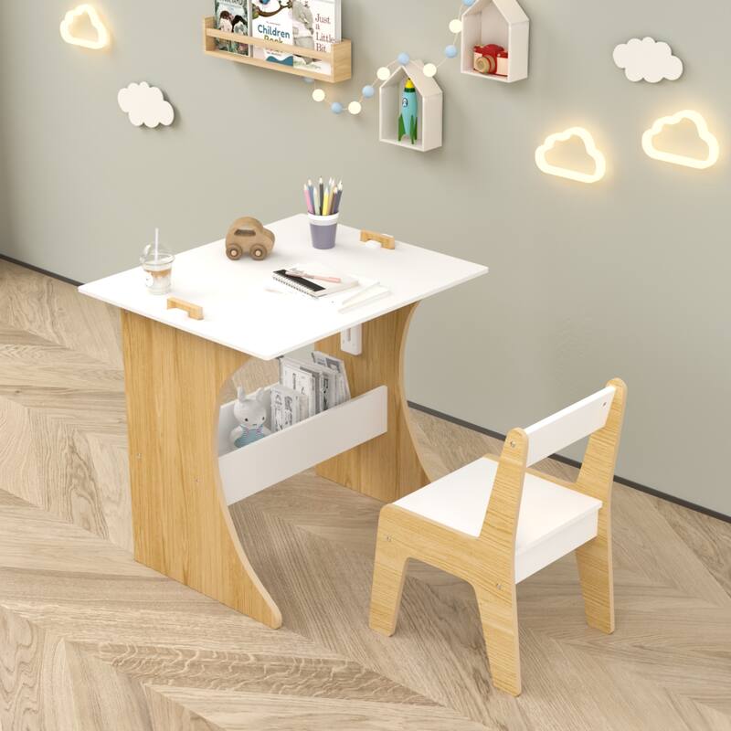 Kids Table Set With One Chair,Multifunctional Wooden Children Study Table-Convertible Tabletop For Study