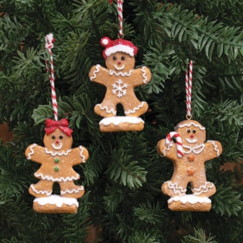 Brown Resin Gingerbread Ornaments with Glitter and Striped Ribbon, 3 Asstd. - 2 x 0.75 x 3.25 in.