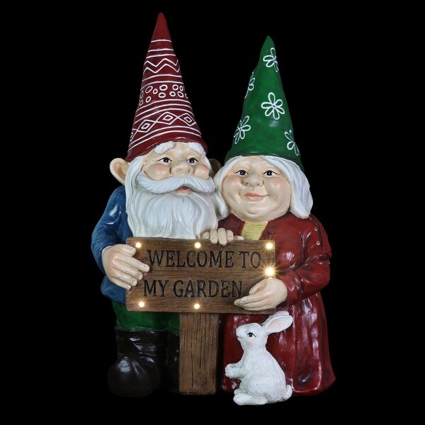Exhart Solar Garden Gnome Couple Statuary w/LED Welcome Sign, Durable Resin Garden Decor,10”x15”x23” Exhart Solar Couple in Red Retro Truck with Welcome Sign Gnomes